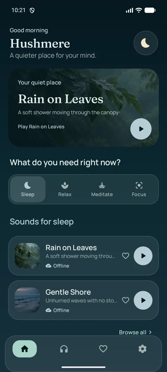 The Hushmere home screen with listening scenes, Rain on Leaves, and a mini player.