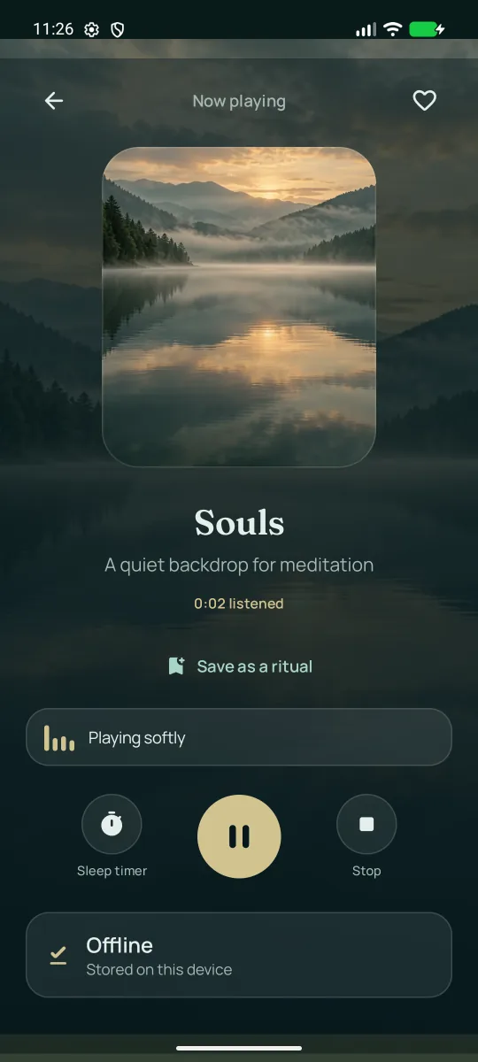 The Hushmere Android player showing Souls, lake artwork, playback controls, and an offline indicator.